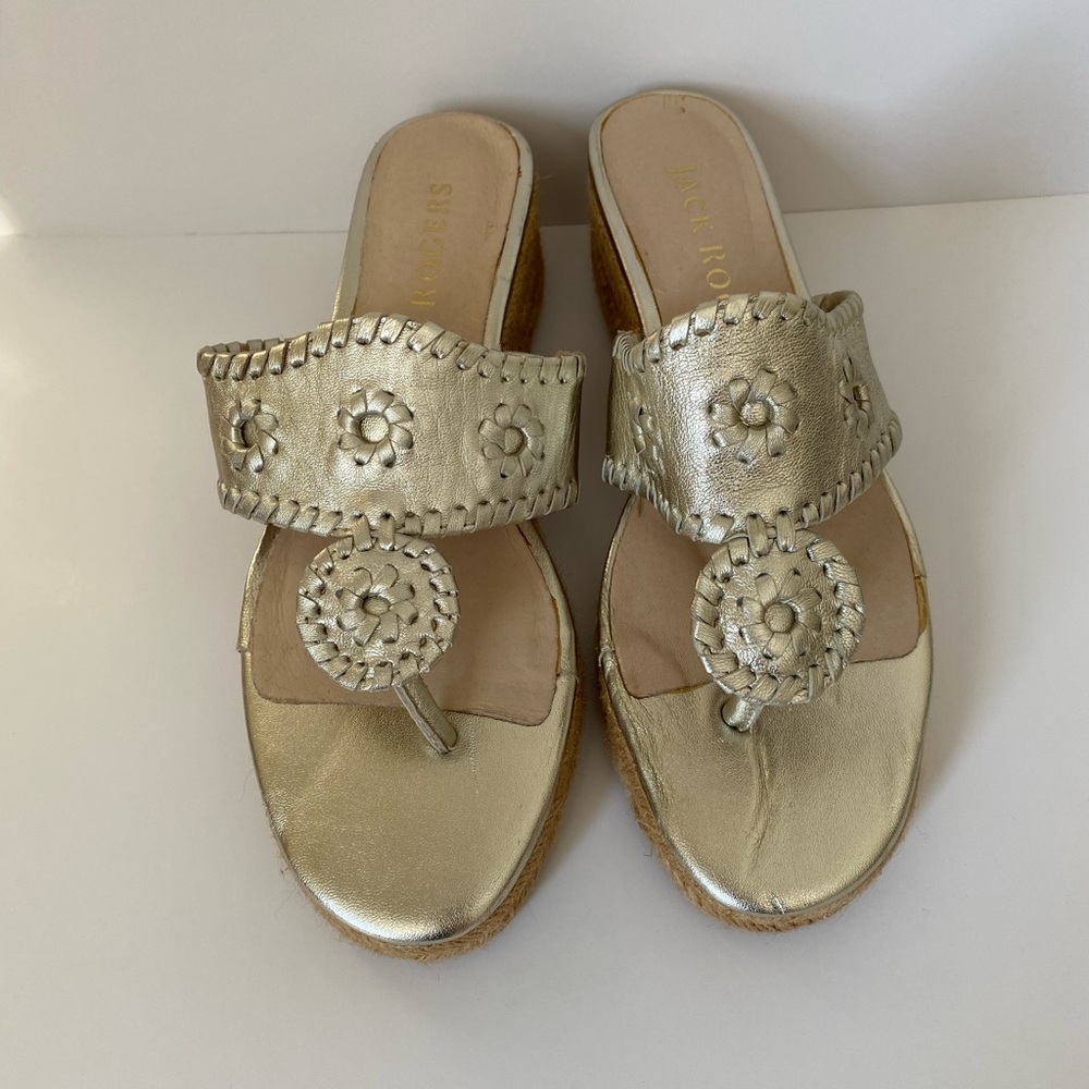 Jack Rogers Jack Wedge Espadrille Rope Sole Metallic Gold Leather Classic size 6